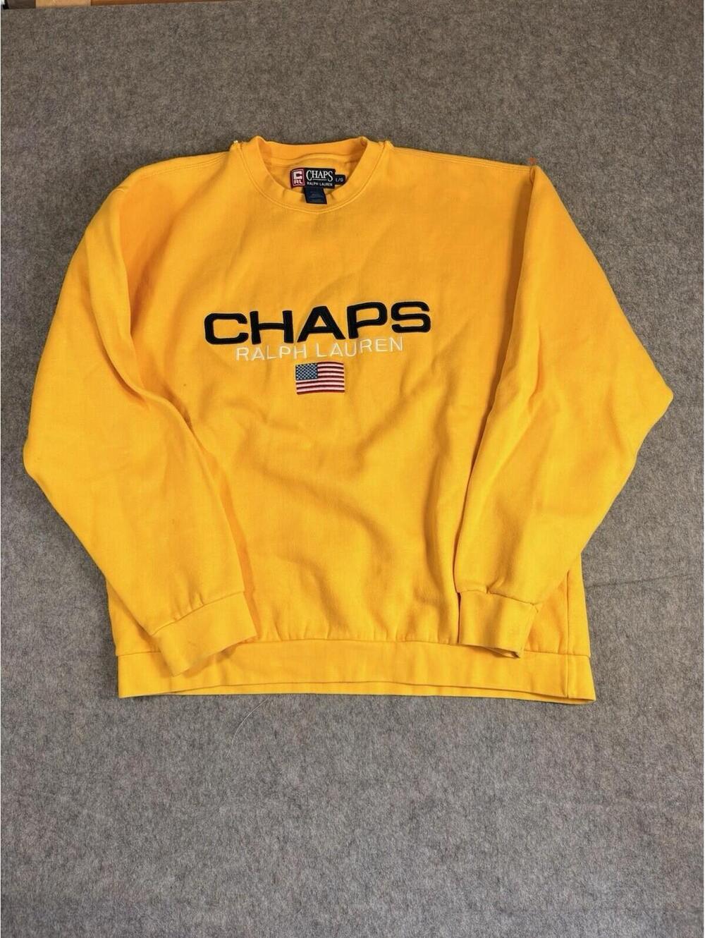 Vintage Chaps Ralph Lauren Sweatshirt Mens Large Yellow USA Flag 90s Pullover